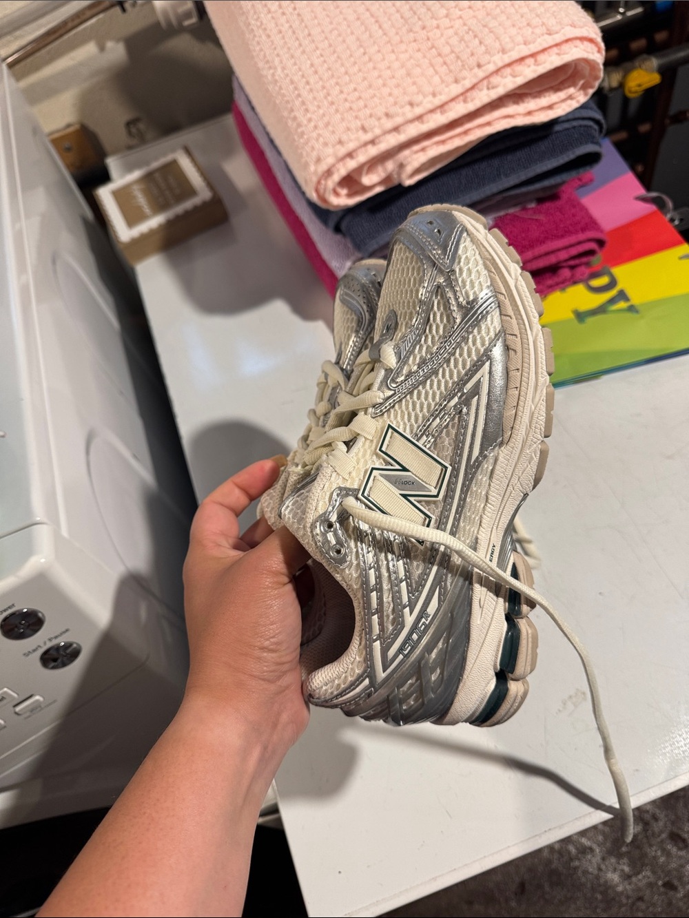 New Balance Cream and Silver Athletic Sneakers